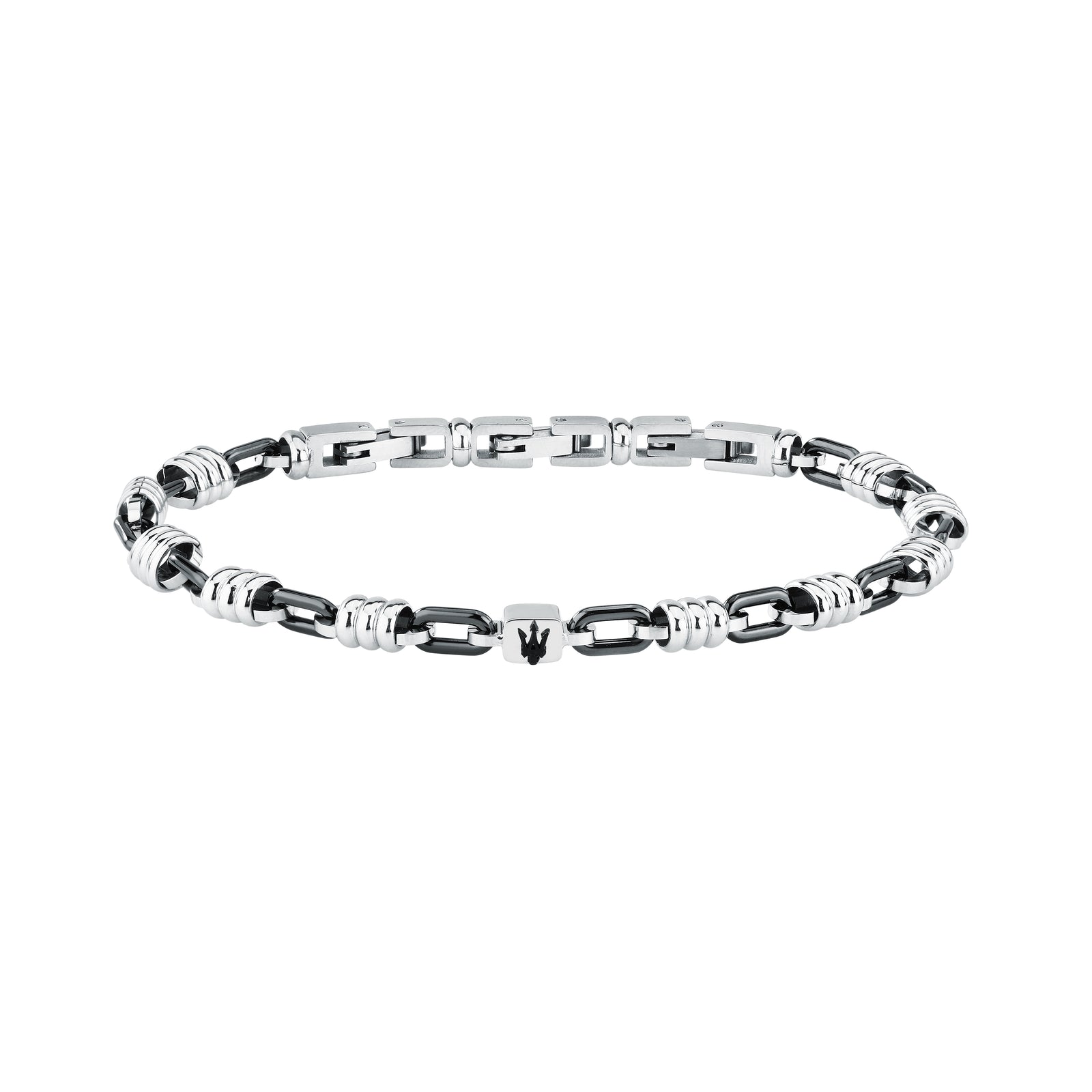 Bracciale Maserati Ceramic JM426ATZ92, vista frontale nero e argento con Tridente nero