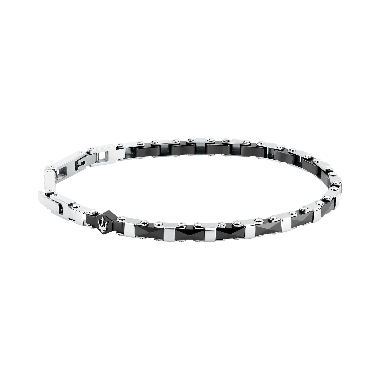Bracciale Maserati Ceramic JM226ATZ83, vista completa in ceramica nera e acciaio argentato