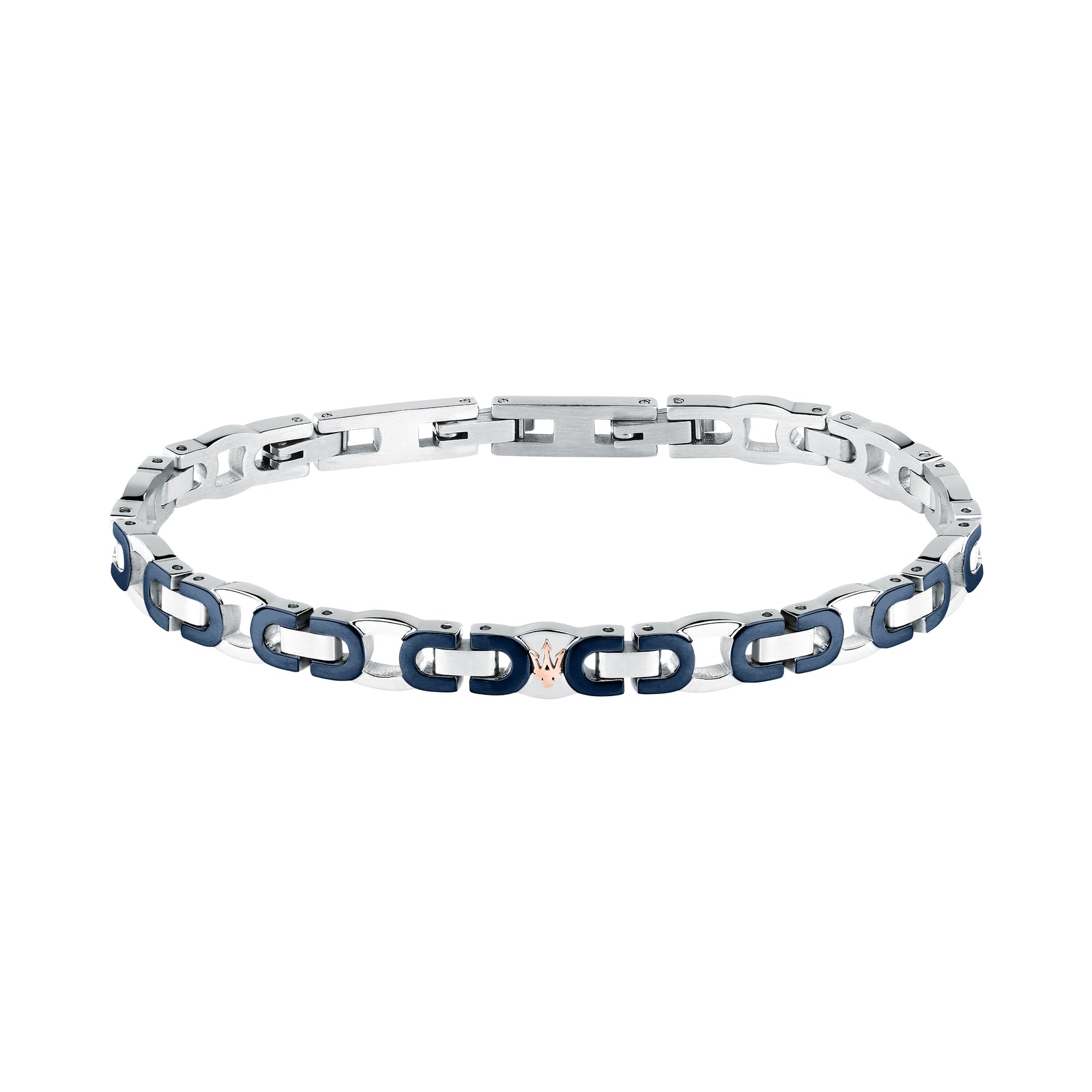 Bracciale Maserati JM425AVD96, vista completa maglie in acciaio argentato e blu