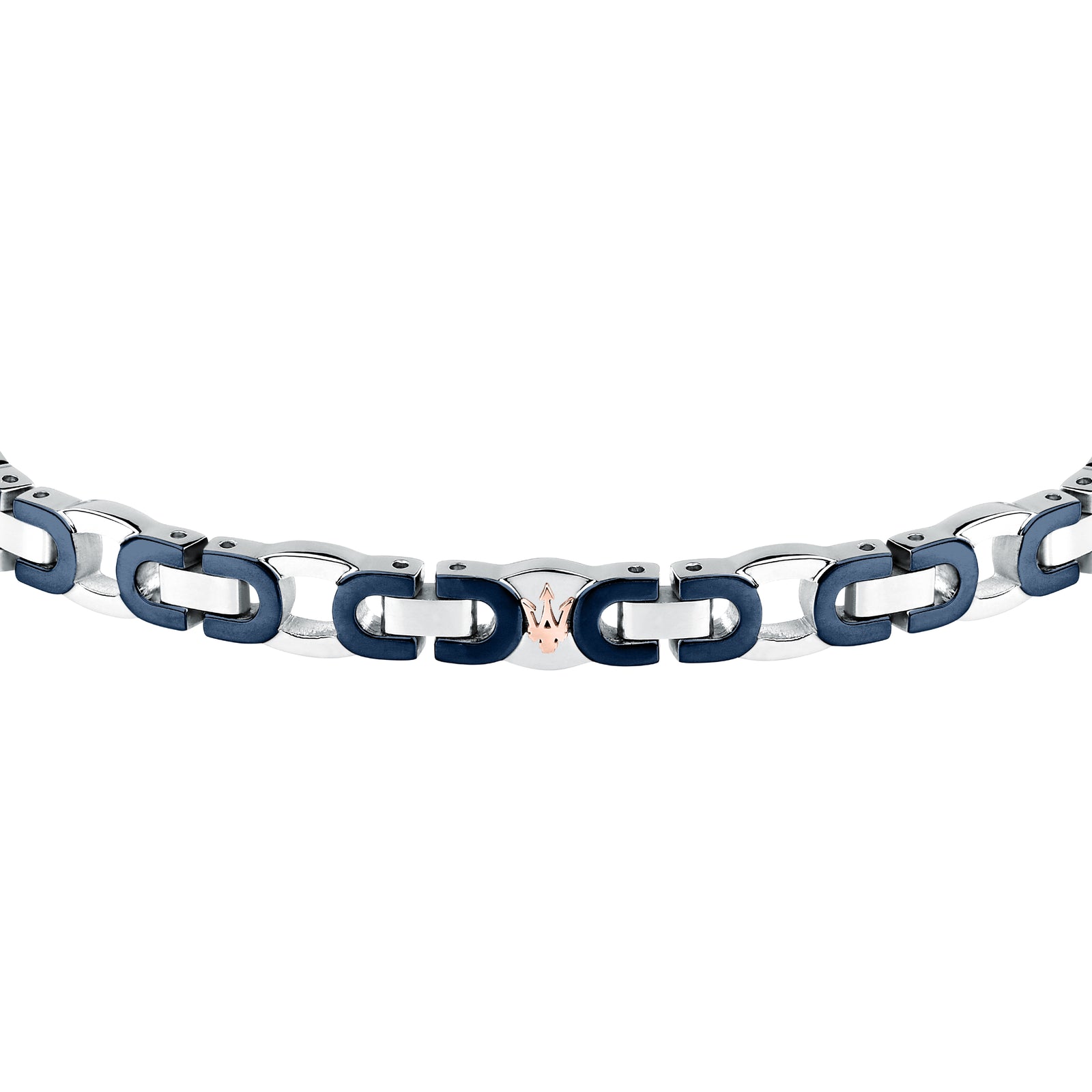 Bracciale Maserati JM425AVD96, dettaglio delle maglie bicolore blu e argento e Tridente centrale