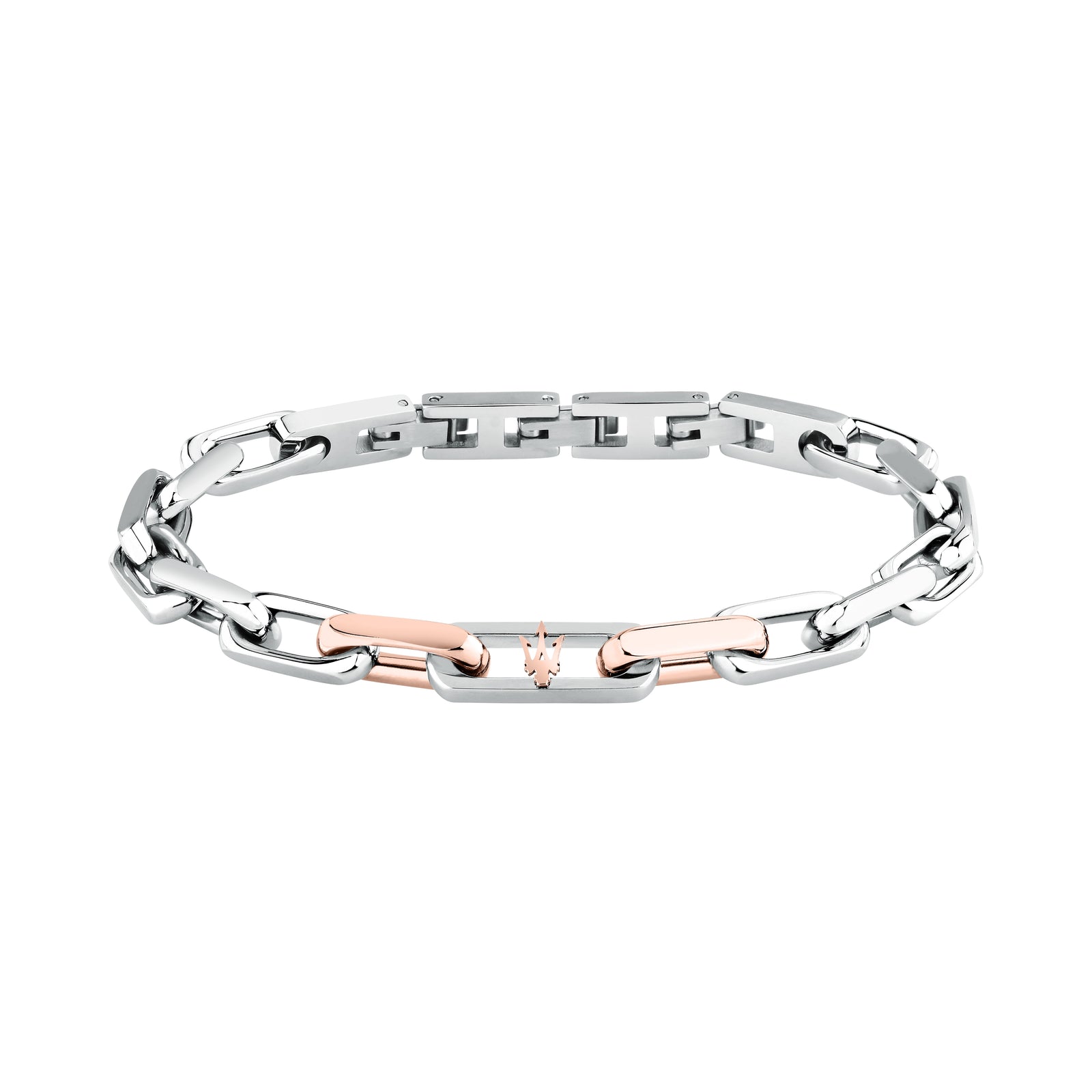 Bracciale Maserati Iconic JM526AVD114, vista frontale in acciaio argento e oro rosa