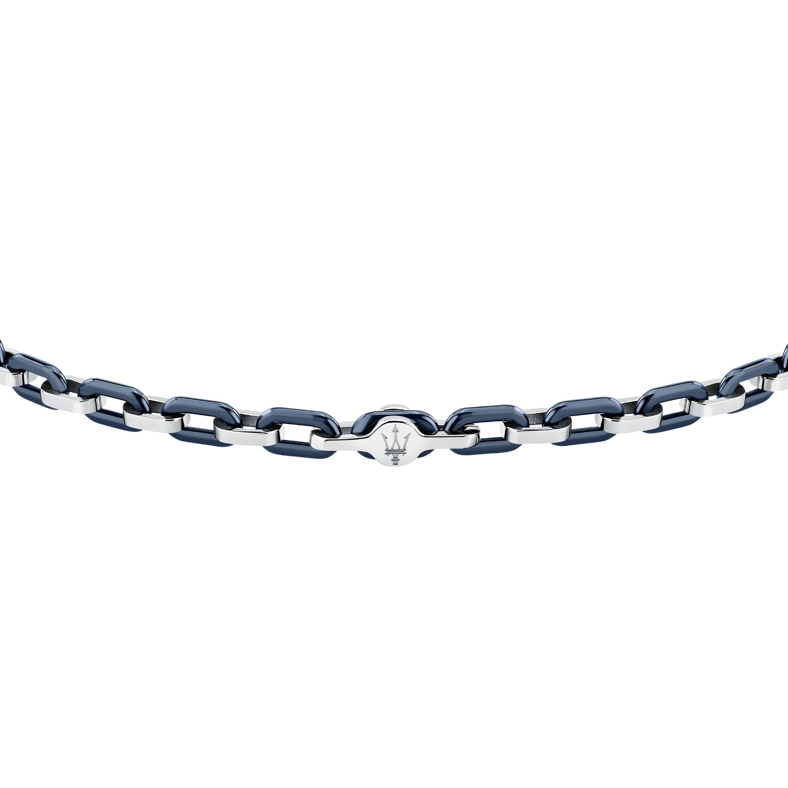 Particolare delle maglie blu e del Tridente centrale del bracciale Maserati JM226ATZ78