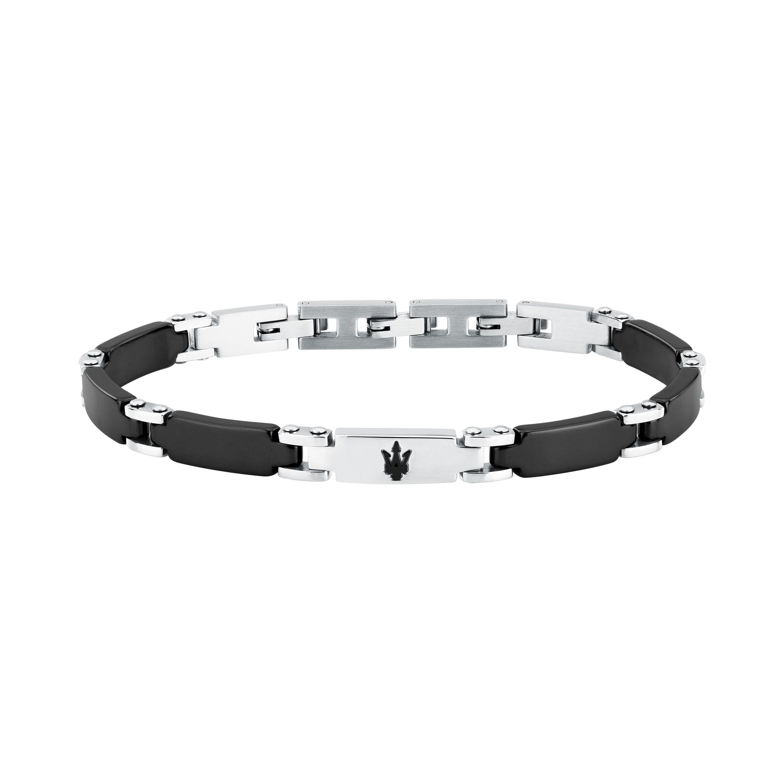 Bracciale Maserati JM426ATZ100, vista completa del bracciale in acciaio argentato e ceramica nera