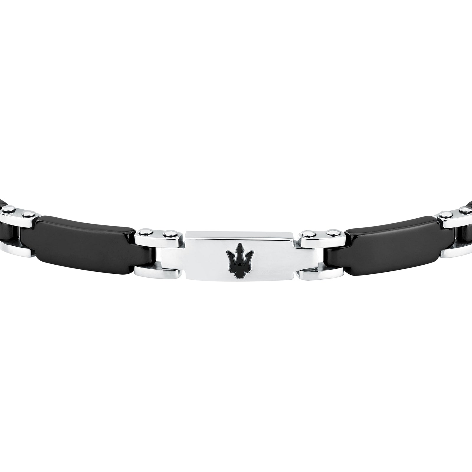 Bracciale Maserati JM426ATZ100, dettaglio degli inserti neri e della targhetta argentata con Tridente scuro