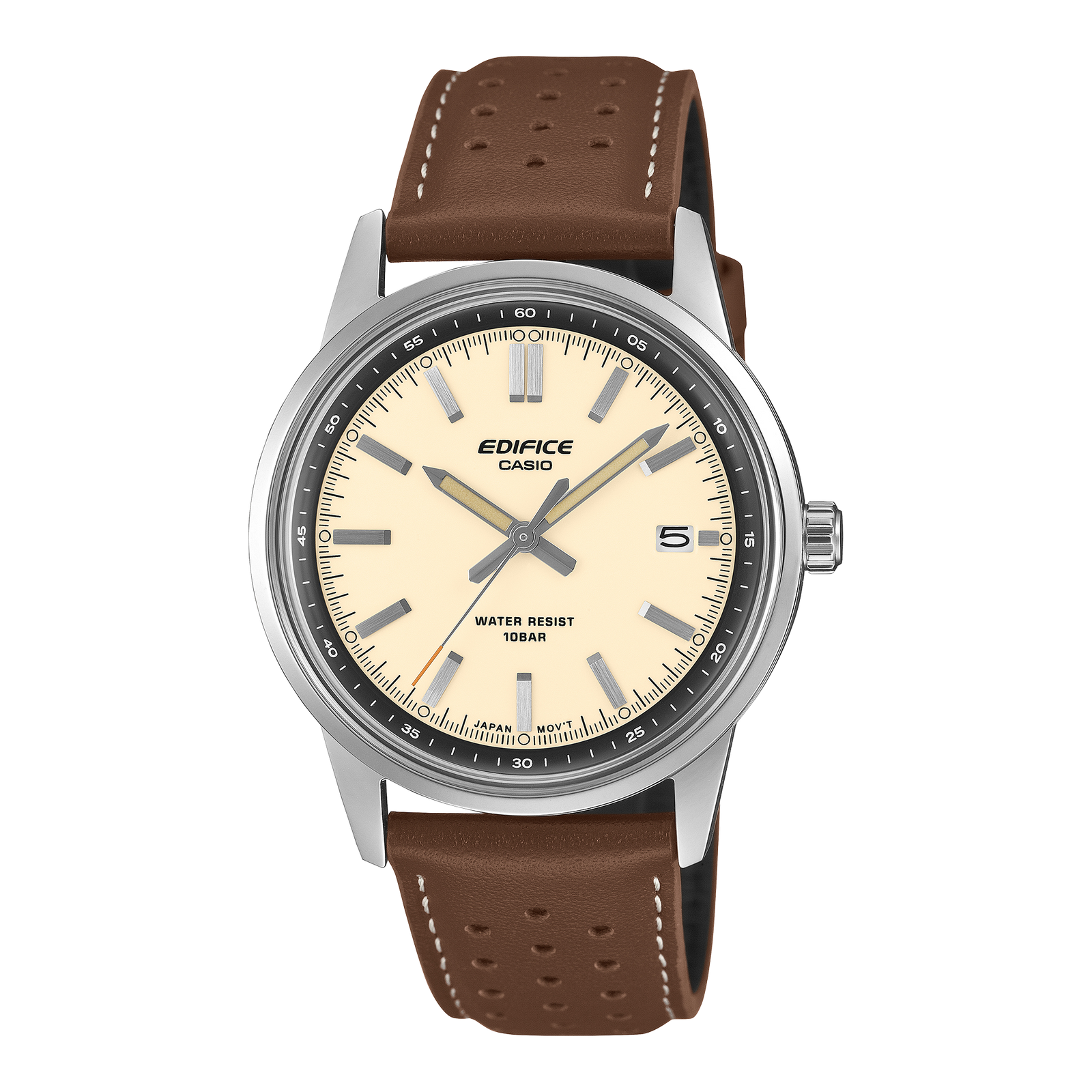 Casio Edifice EFR-109L-7AER, vista frontale con quadrante beige e cinturino marrone