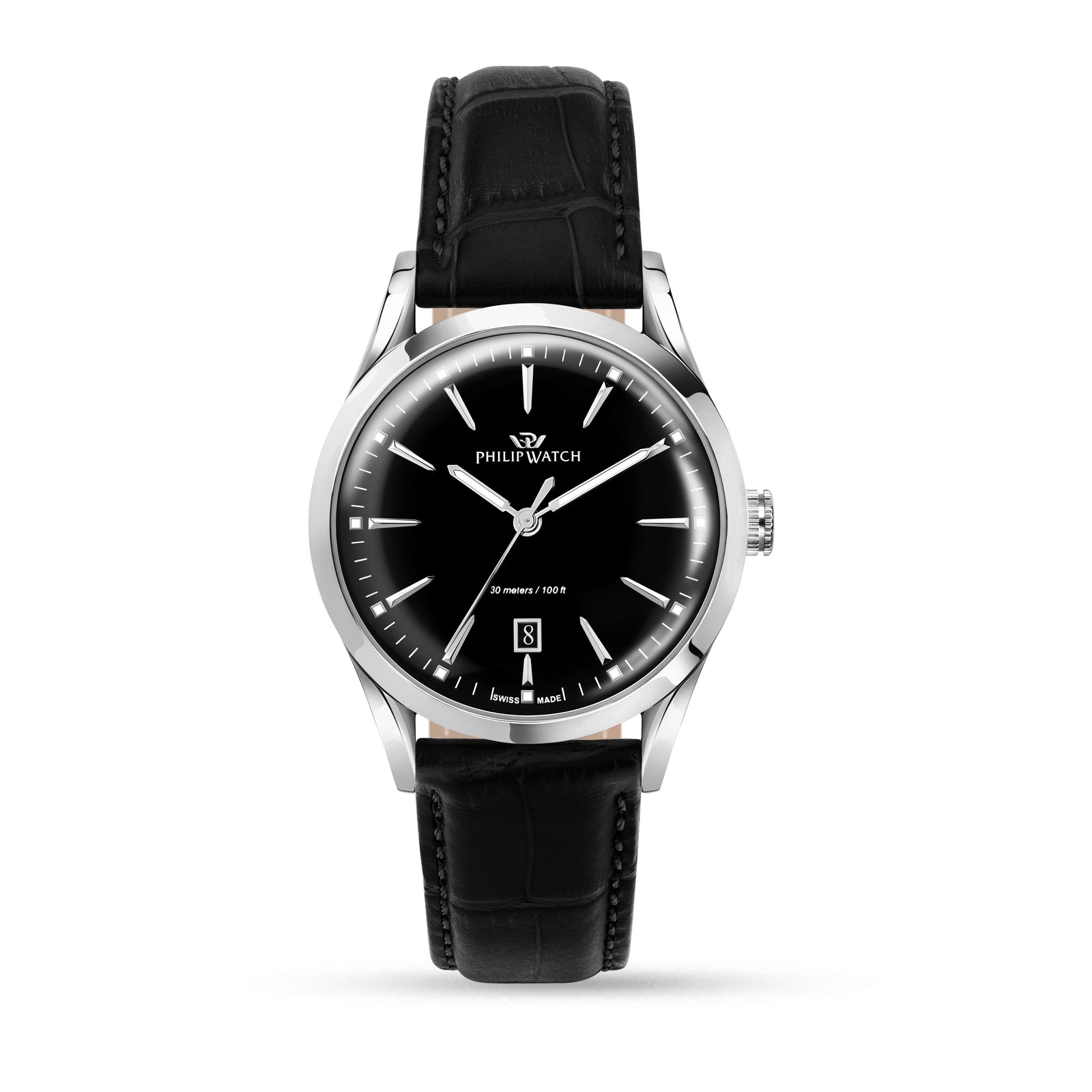 Philip Watch Sunray R8251180036, vista frontale del quadrante nero e cinturino in pelle nera