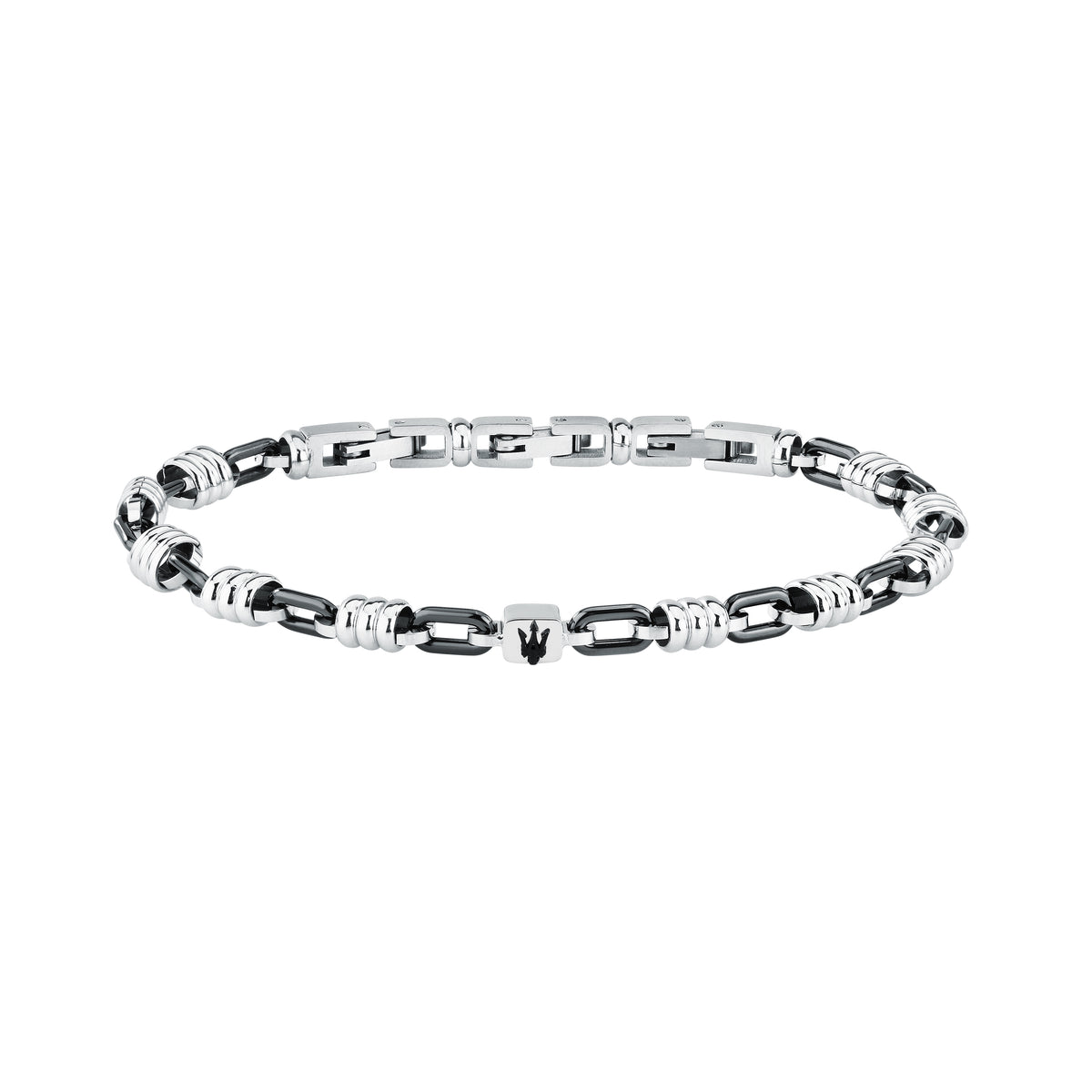 Bracciale Maserati Ceramic JM426ATZ92, vista frontale nero e argento con Tridente nero
