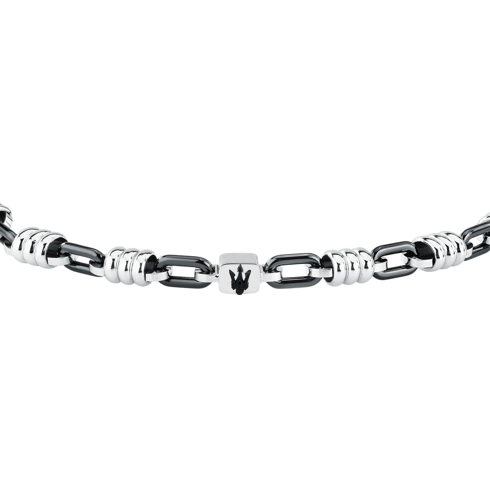 Dettaglio maglie e targhetta centrale del bracciale Maserati Ceramic JM426ATZ92