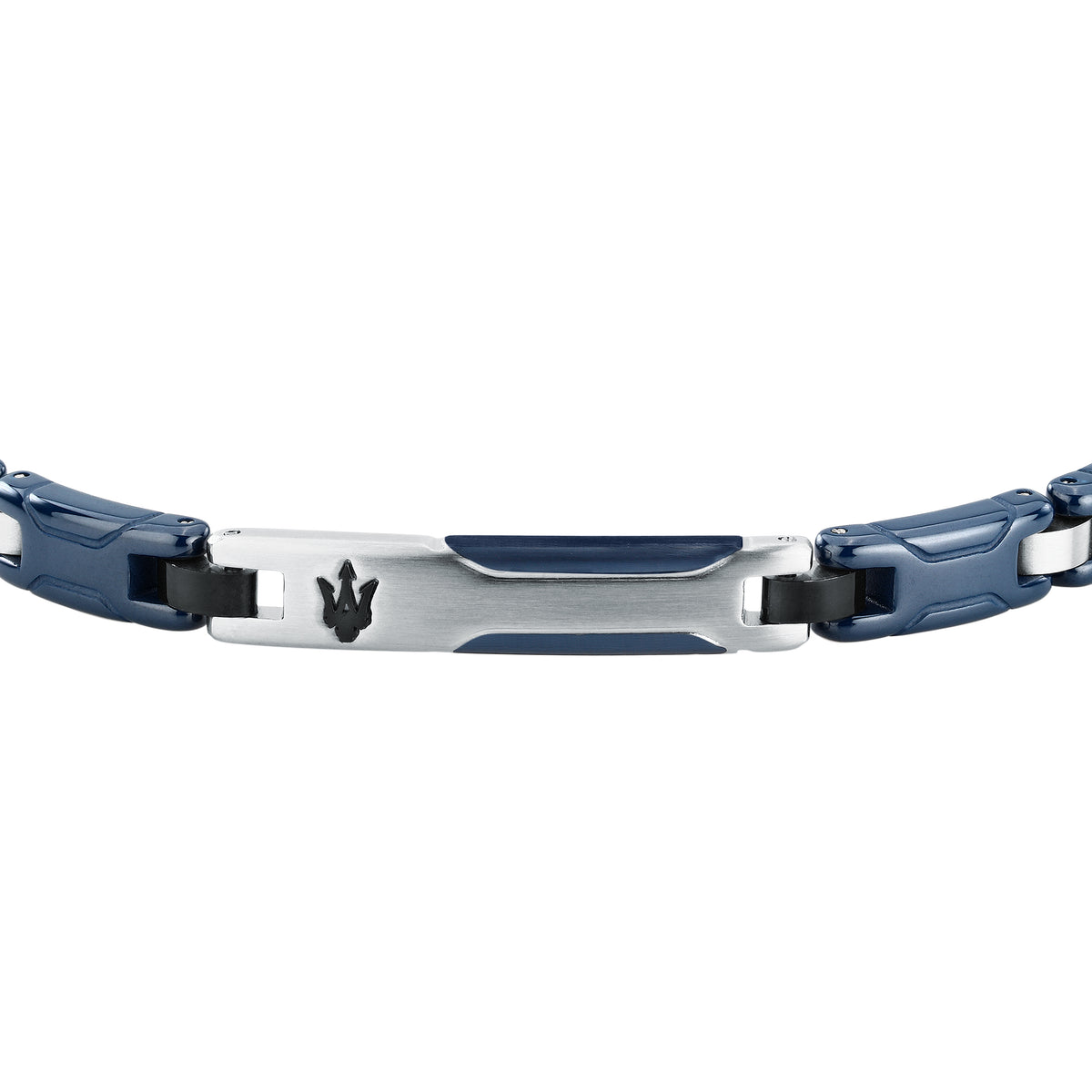 Dettaglio maglie e targhetta centrale del bracciale Maserati Ceramic JM426ATZ94