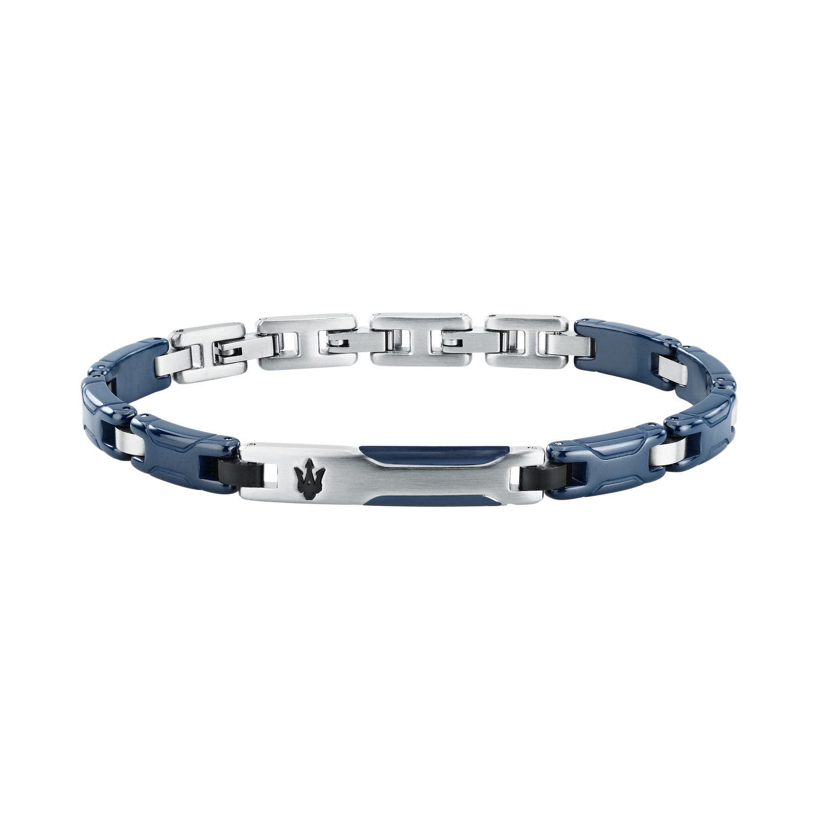 Bracciale Maserati Ceramic JM426ATZ94, vista frontale blu e argento con Tridente scuro