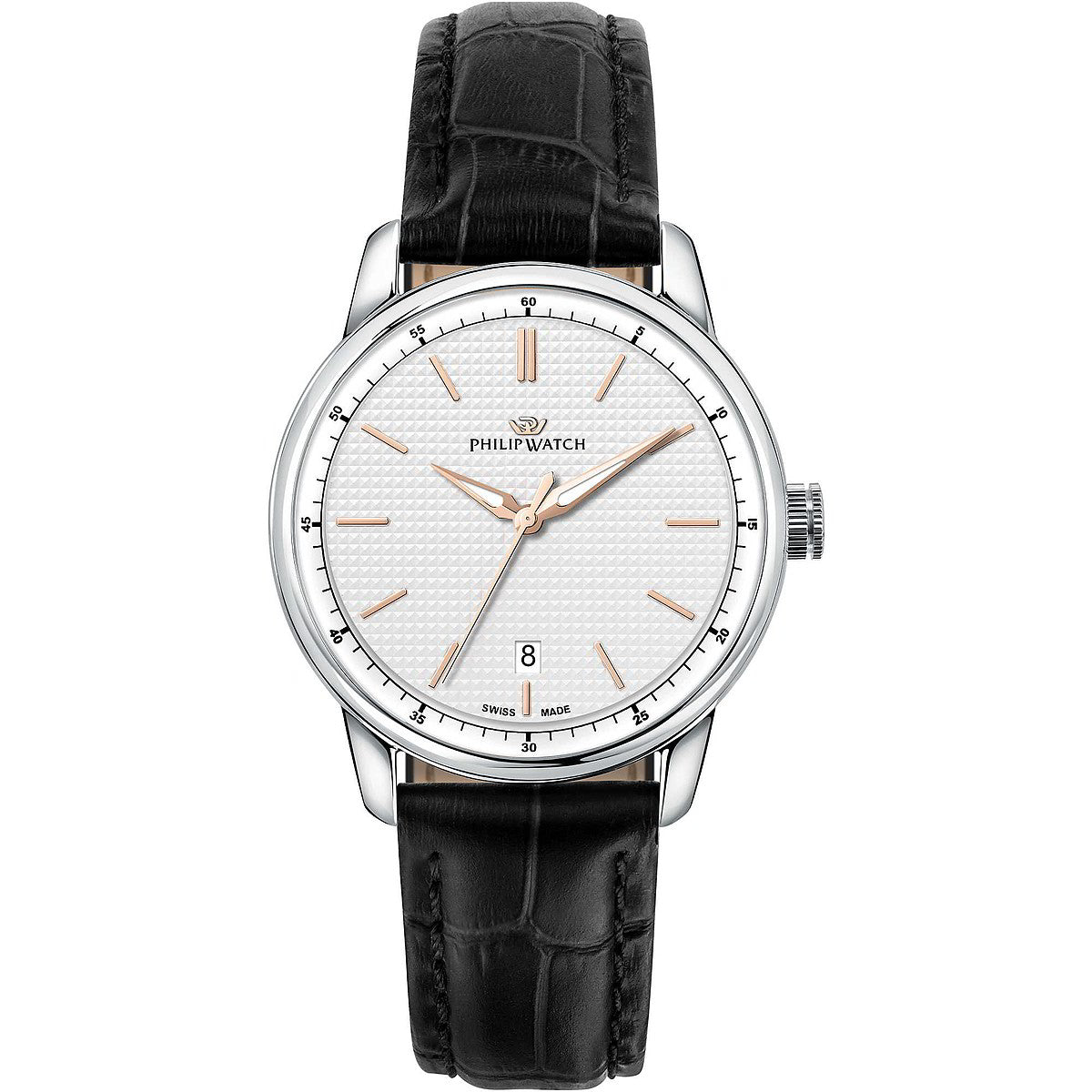 Philip Watch Anniversary R8251150009, vista frontale quadrante Clou de Paris argento, lancette rose gold e cinturino in pelle nera