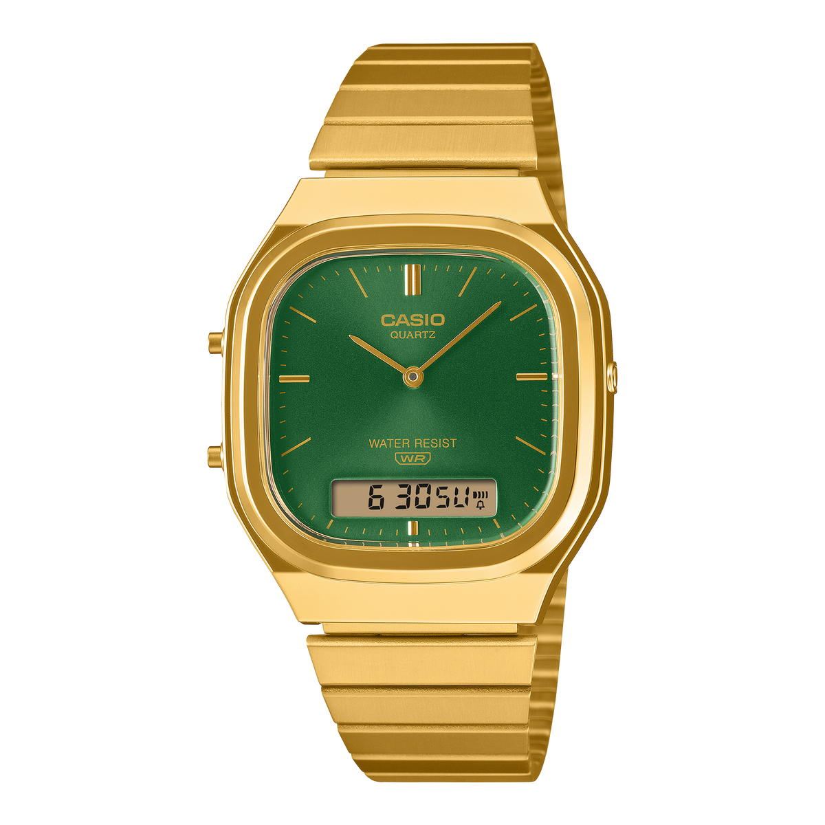 Orologio Casio Vintage AQ-240EG-3AEF, vista frontale con quadrante verde scuro, cassa e bracciale color oro