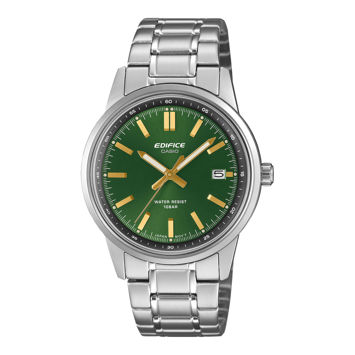 Casio Edifice EFR-109D-3AER, vista frontale con quadrante verde scuro e bracciale in acciaio