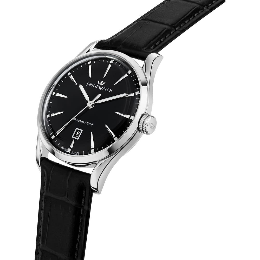 Philip Watch Sunray R8251180036 da uomo, vista obliqua del quadrante nero e cinturino in pelle nera