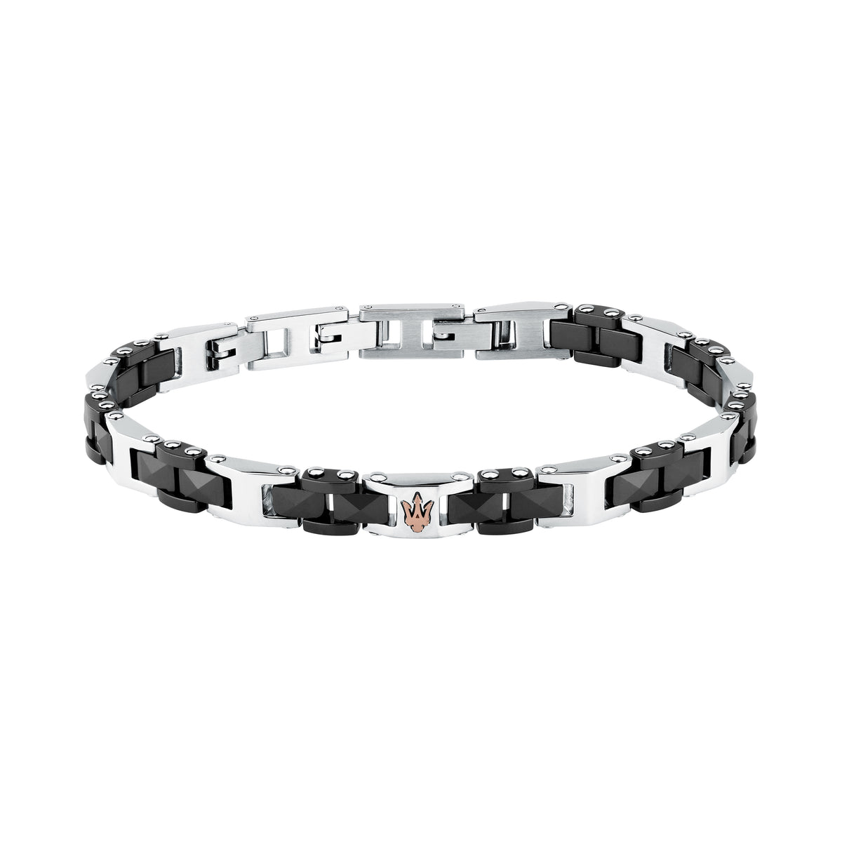 Bracciale Maserati Ceramic JM426ATZ98, vista completa nero e argento con Tridente oro rosa
