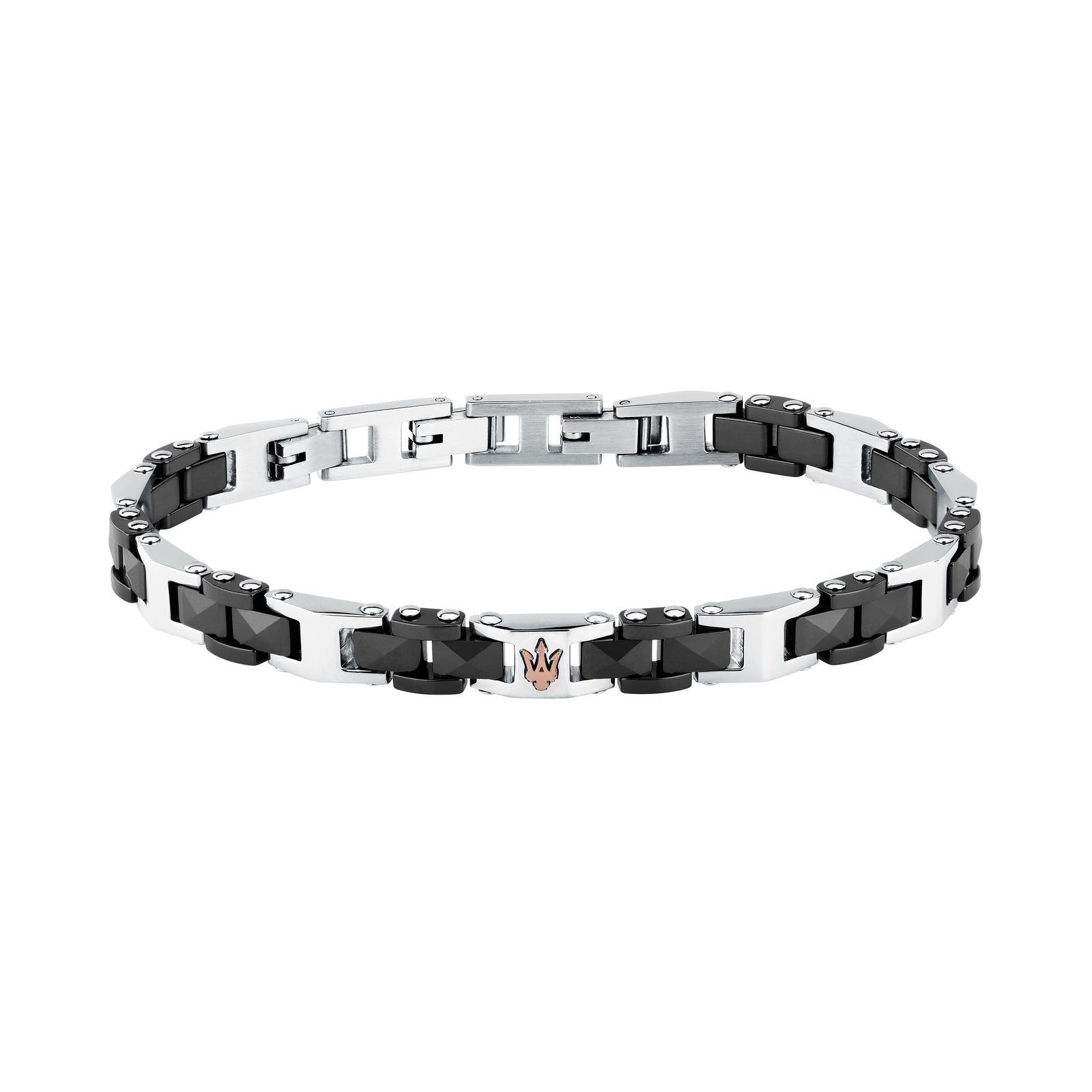Bracciale Maserati Ceramic JM426ATZ98, vista completa nero e argento con Tridente oro rosa