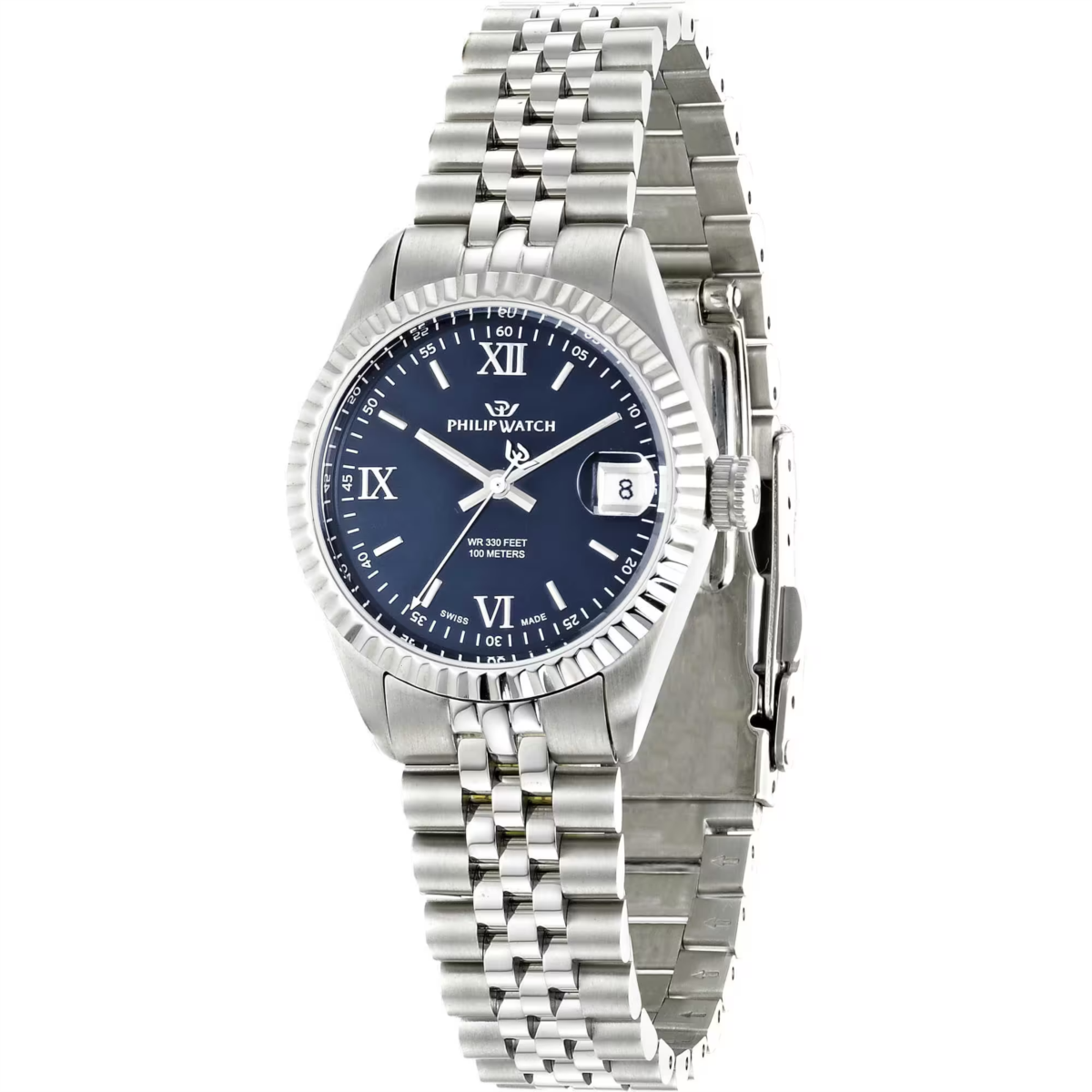Philip Watch Caribe Urban R8253107520 donna, quadrante blu con numeri romani, datario e bracciale acciaio, vista tre quarti