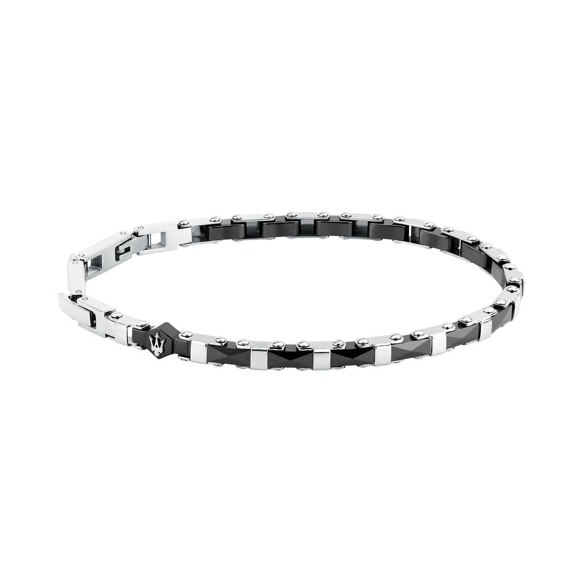 Bracciale Maserati Ceramic JM226ATZ83, vista completa in ceramica nera e acciaio argentato