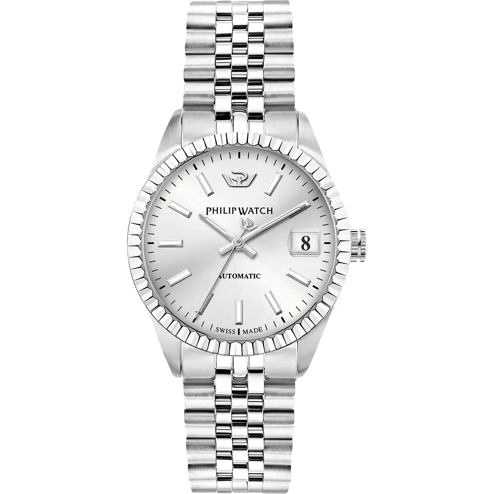Philip Watch Caribe R8223597508 automatico da donna, vista frontale con quadrante argento e bracciale in acciaio