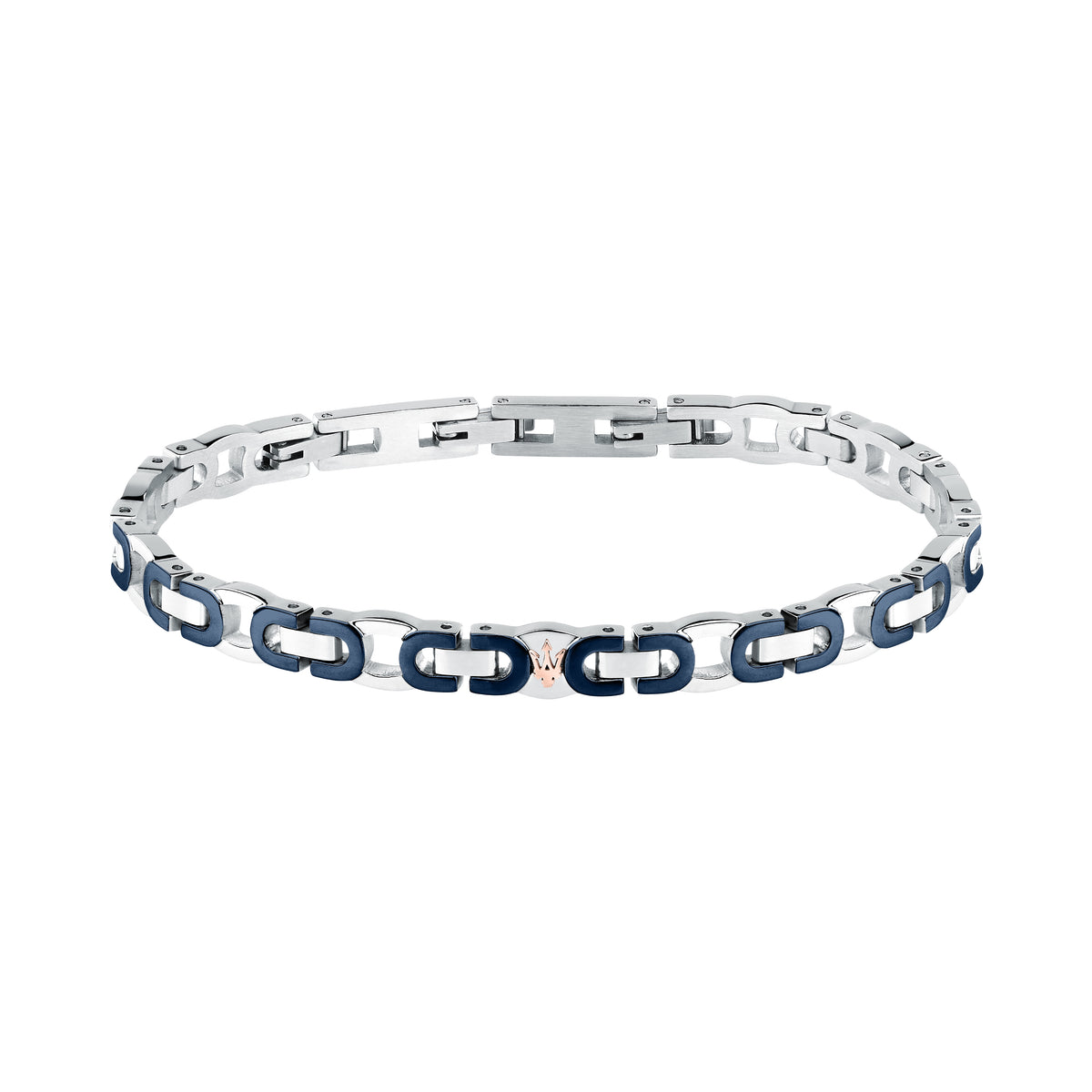 Bracciale Maserati JM425AVD96, vista completa maglie in acciaio argentato e blu