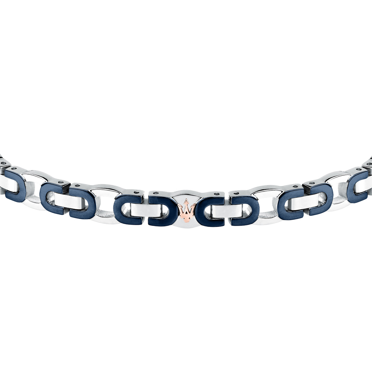 Bracciale Maserati JM425AVD96, dettaglio delle maglie bicolore blu e argento e Tridente centrale