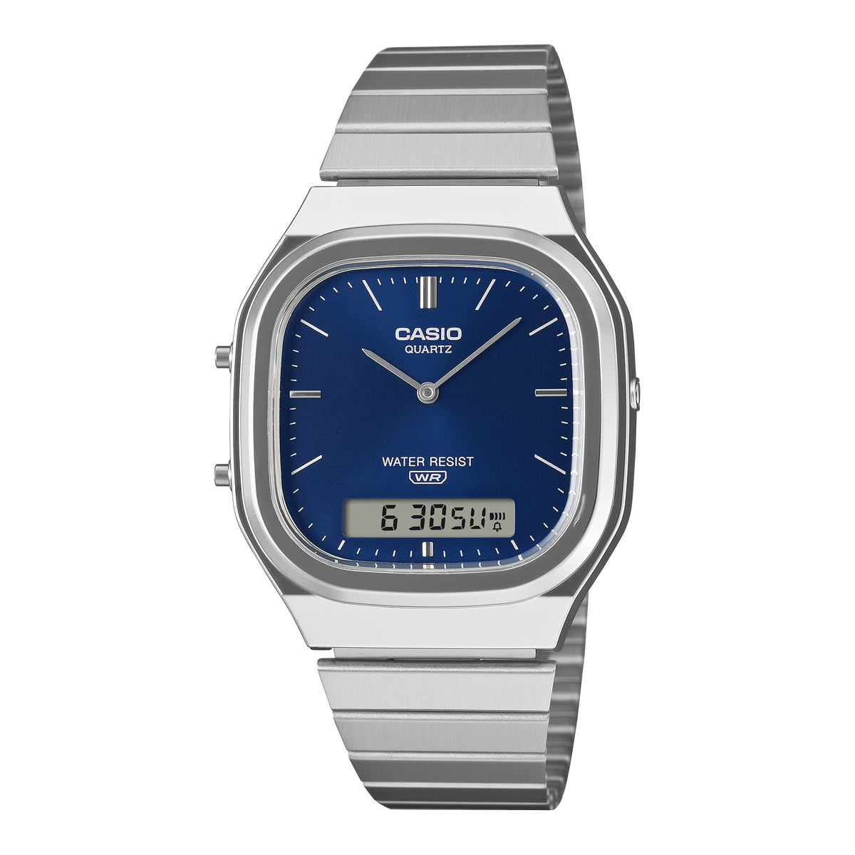 Orologio Casio Vintage AQ-240E-2A2EF, vista frontale con quadrante blu scuro e bracciale color argento