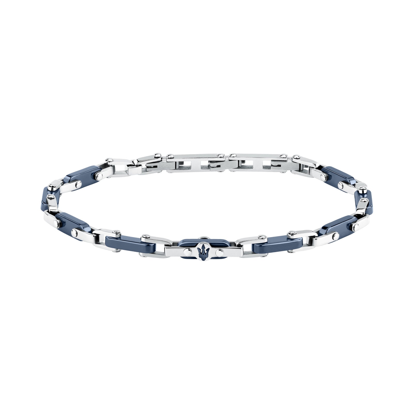 Bracciale Maserati Ceramic JM226ATZ76, vista frontale della catena con maglie blu