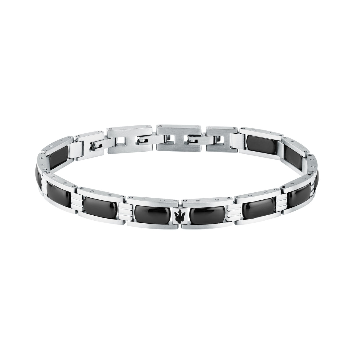 Bracciale Maserati JM426ATZ102: vista completa in ceramica nera e acciaio argentato