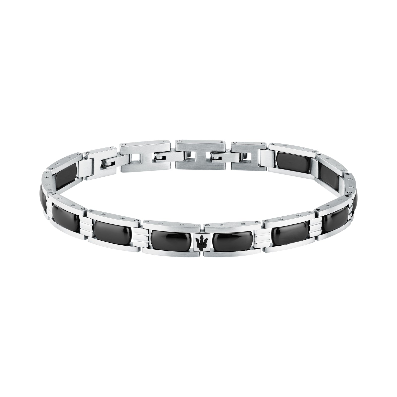 Bracciale Maserati JM426ATZ102: vista completa in ceramica nera e acciaio argentato