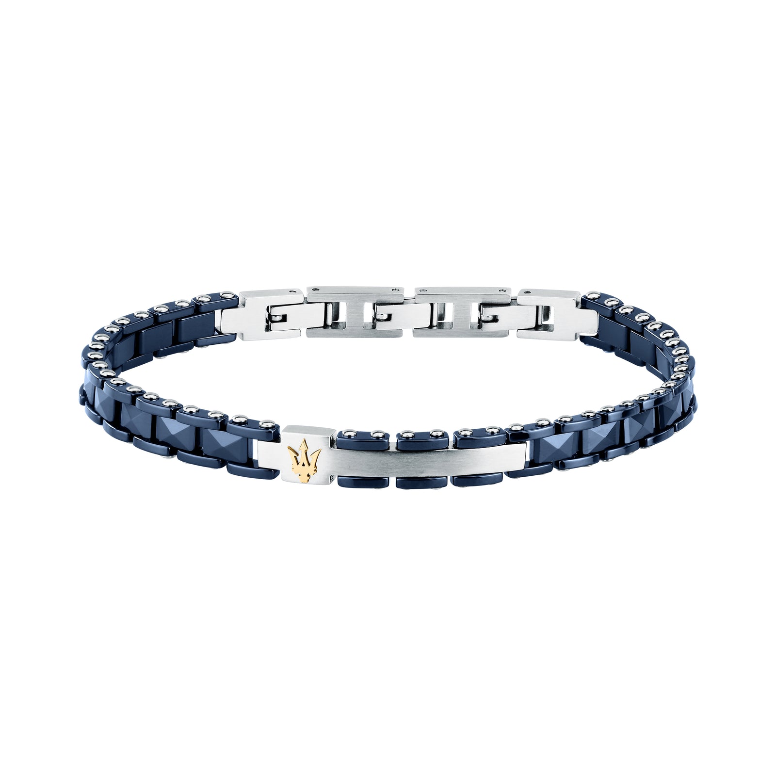 Bracciale Maserati Ceramic JM426ATZ96, vista completa blu, argento e dettaglio oro giallo