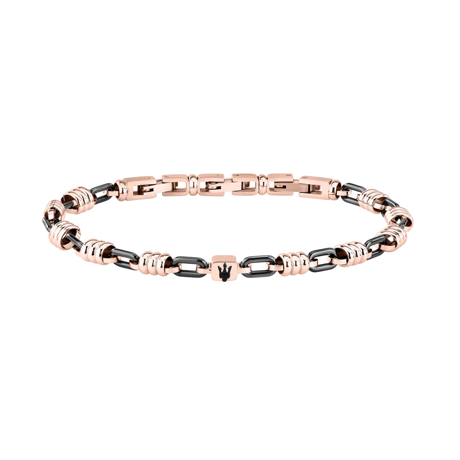 Bracciale Maserati Ceramic JM426ATZ91, vista frontale nero e oro rosa con Tridente nero