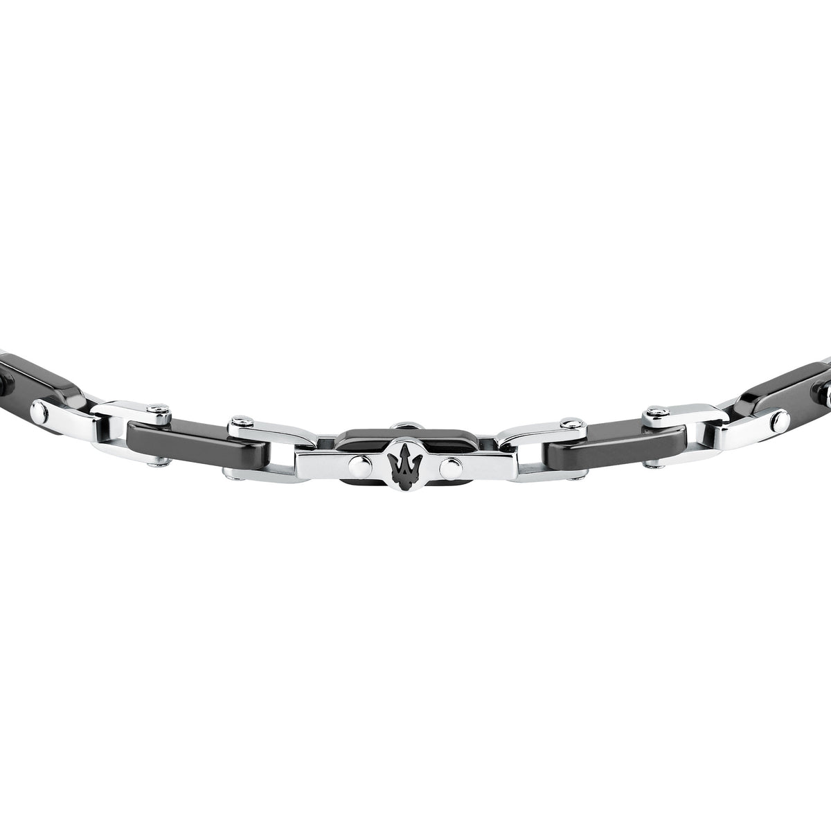 Dettaglio della maglia centrale e Tridente sul bracciale nero Maserati JM226ATZ75