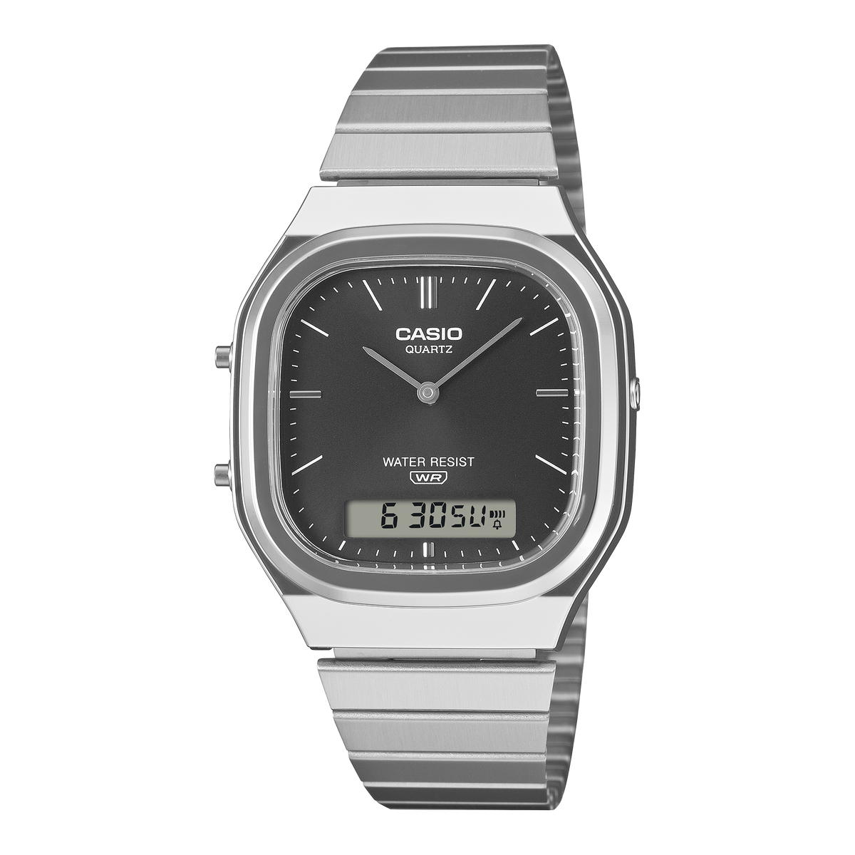Orologio Casio Vintage AQ-240E-1AEF, vista frontale con quadrante nero e bracciale color argento
