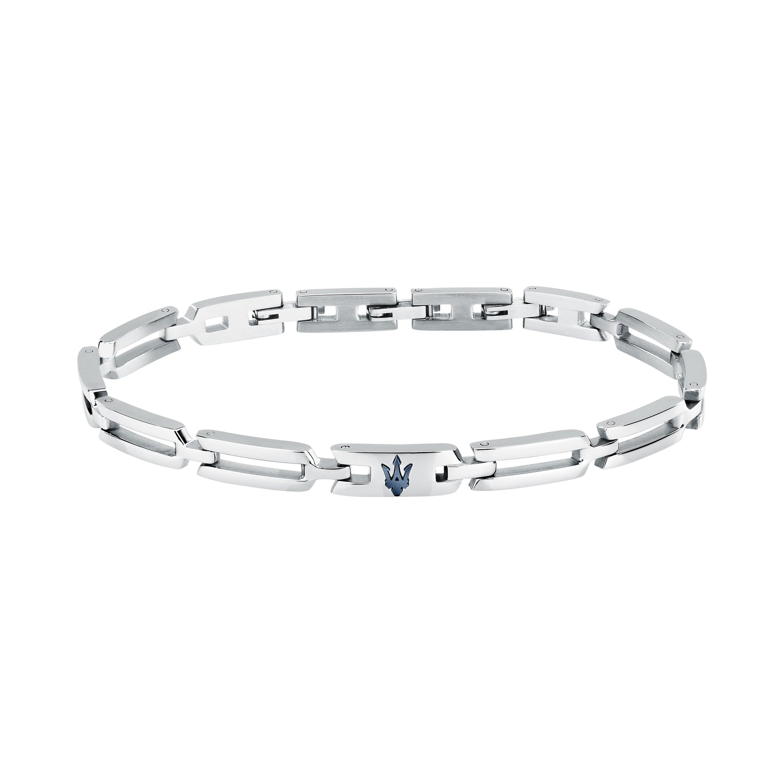 Bracciale Maserati Iconic JM424AVD73, vista completa in acciaio silver con Tridente blu