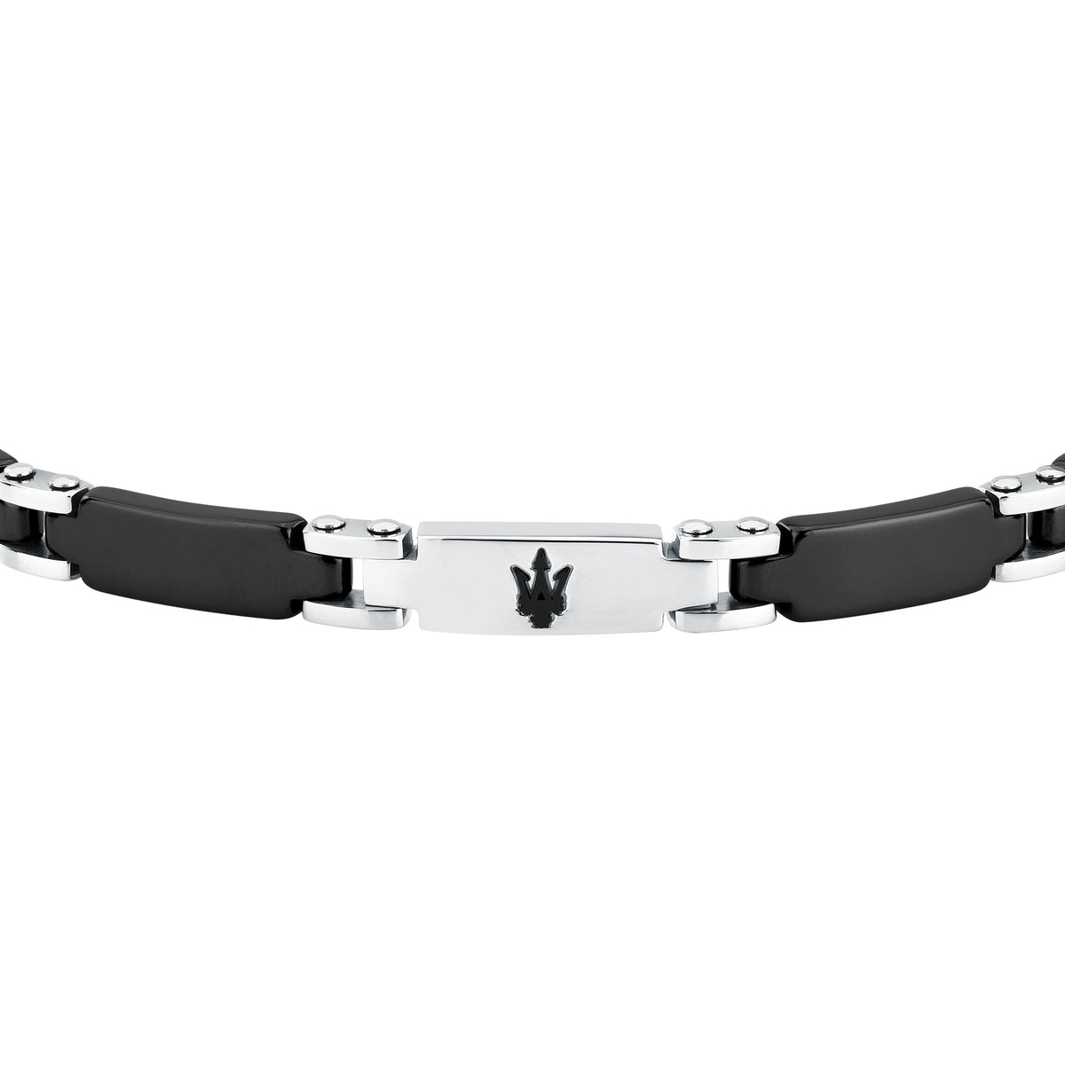 Bracciale Maserati JM426ATZ100, dettaglio degli inserti neri e della targhetta argentata con Tridente scuro