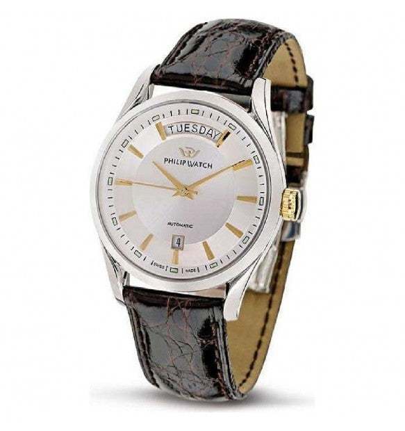 Philip Watch Sunray R8221680006 automatico, vista obliqua con quadrante chiaro, giorno e data, dettagli oro e cinturino in pelle marrone