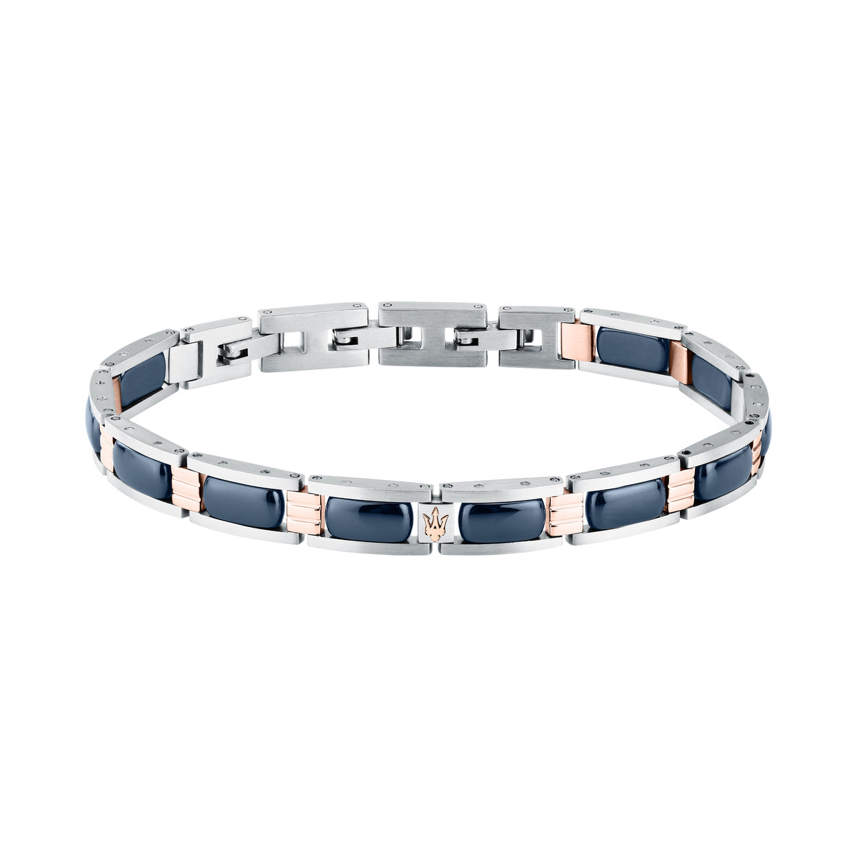 Bracciale Maserati JM426ATZ101, vista completa acciaio argentato e ceramica blu con dettagli oro rosa