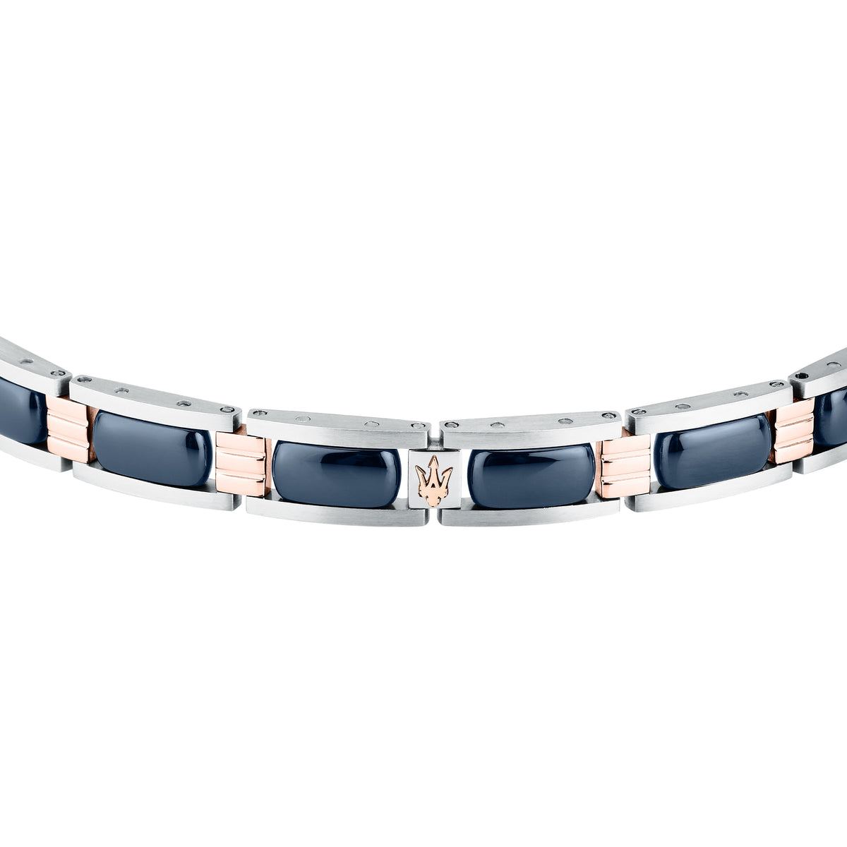 Bracciale Maserati JM426ATZ101, particolare frontale degli inserti blu e della targhetta con Tridente