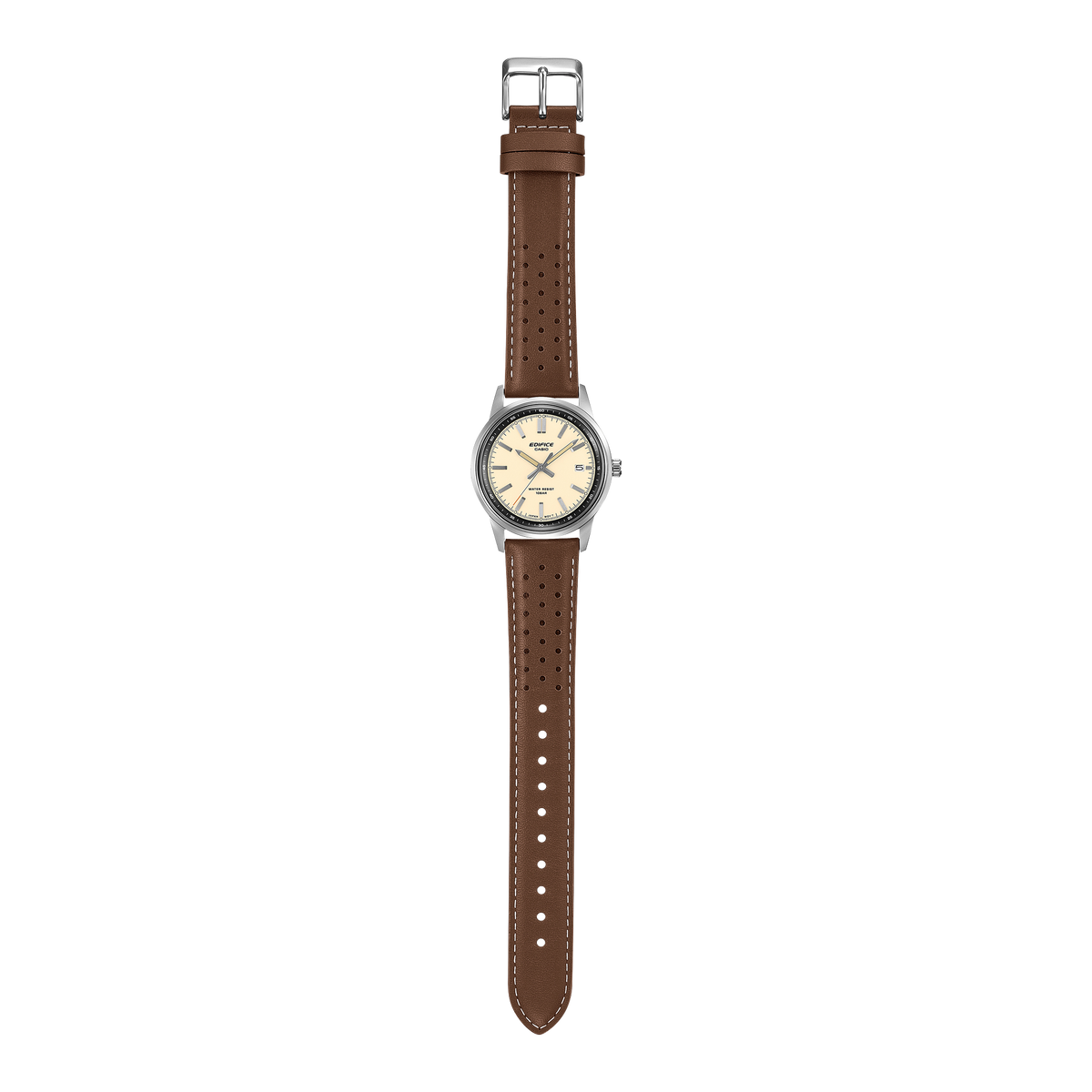 Casio Edifice EFR-109L-7AER, vista completa dell'orologio con cinturino marrone disteso