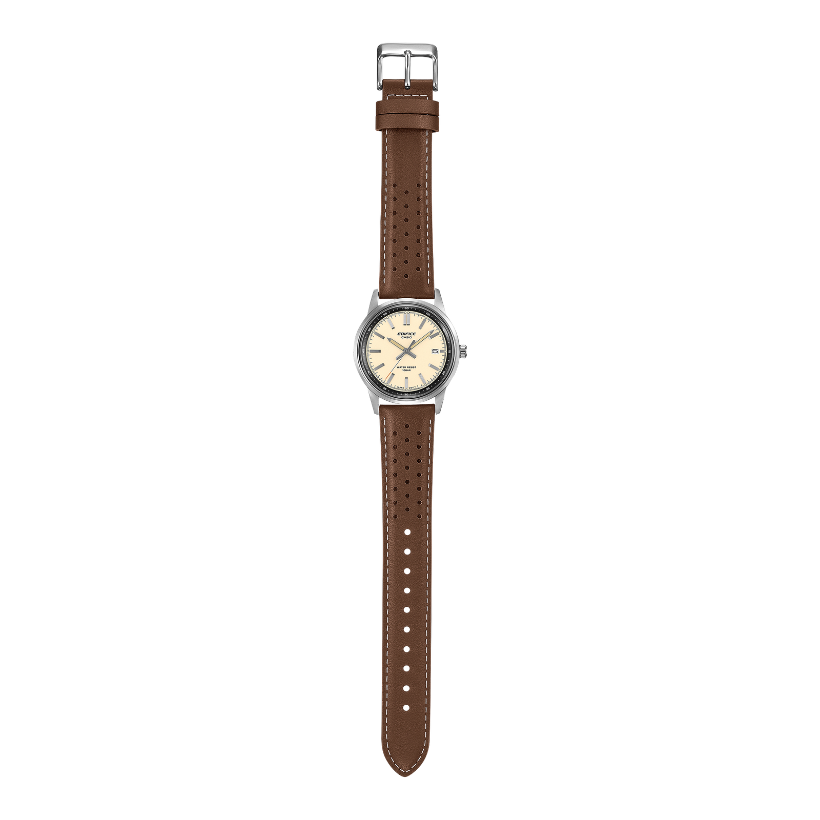Casio Edifice EFR-109L-7AER, vista completa dell'orologio con cinturino marrone disteso