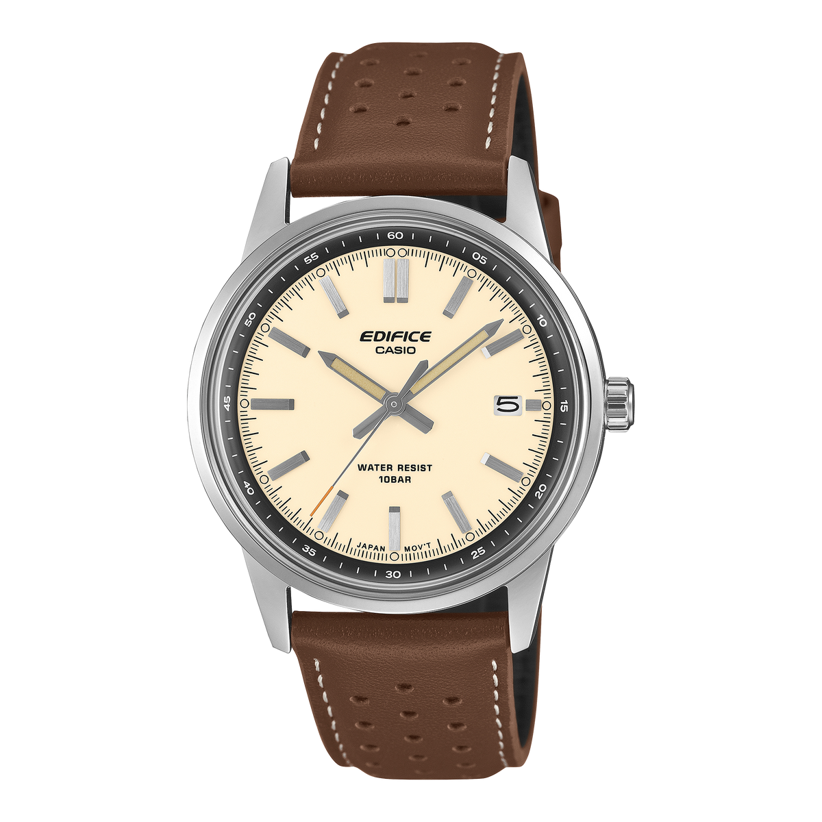 Casio Edifice EFR-109L-7AER, vista frontale con quadrante beige e cinturino marrone