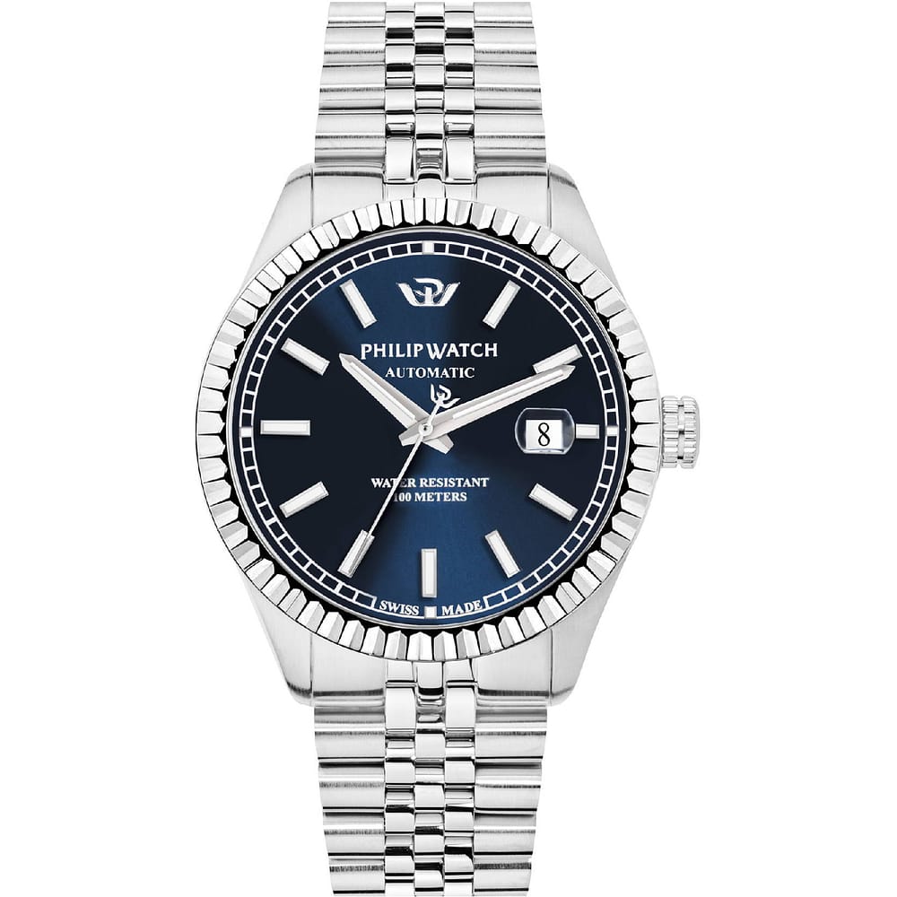Philip Watch Caribe R8223597022 automatico, quadrante blu con datario e bracciale acciaio, vista frontale