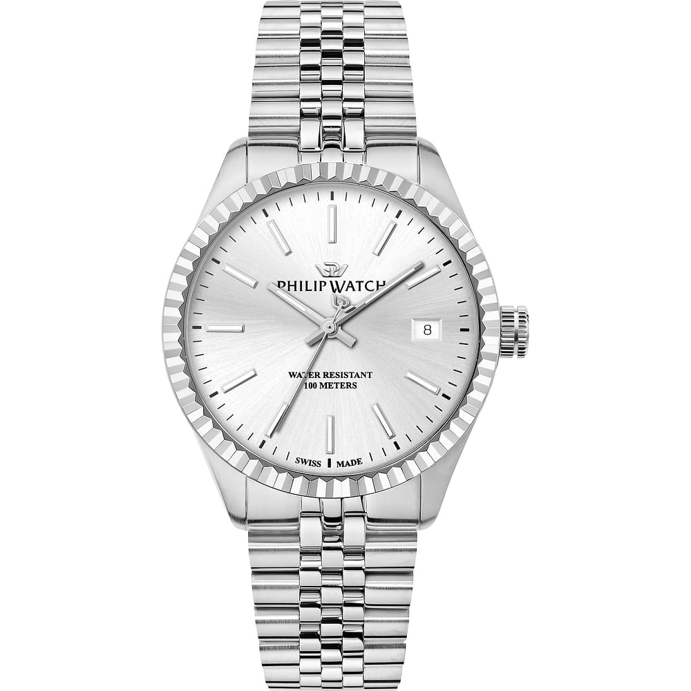 Philip Watch Caribe Urban R8253227001, quadrante argento con datario, lunetta scanalata e bracciale in acciaio, vista frontale