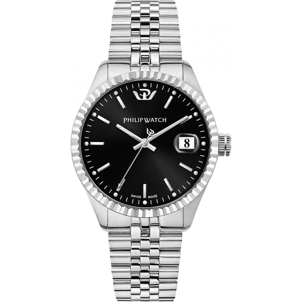 Philip Watch Caribe R8253597078, quadrante nero con datario e bracciale acciaio, vista frontale
