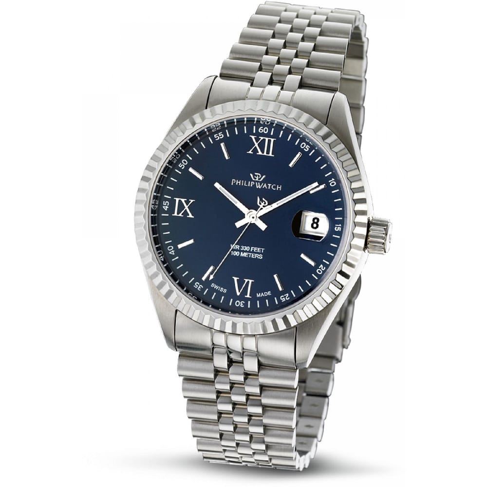 Philip Watch Caribe Urban R8253597080, quadrante blu con datario e bracciale argento, vista di tre quarti