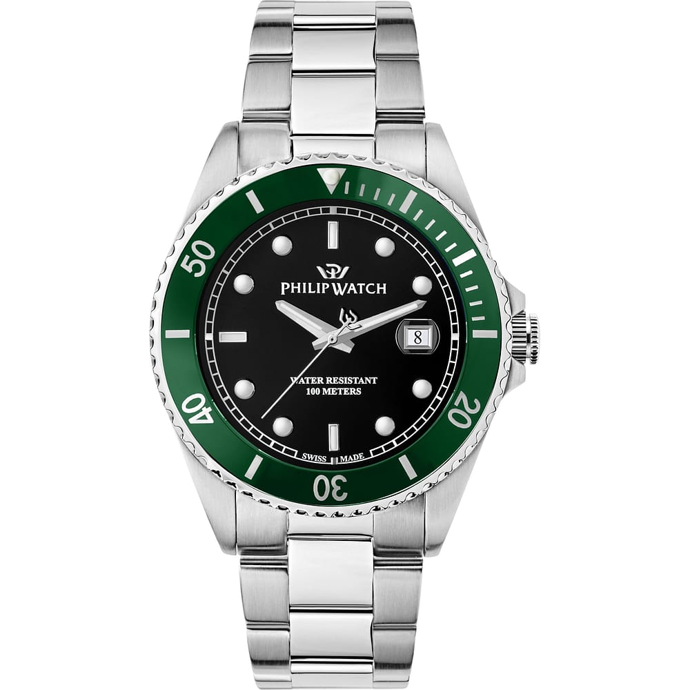 Philip Watch Caribe Sport R8253597086, quadrante nero con lunetta verde, datario e bracciale acciaio, vista frontale