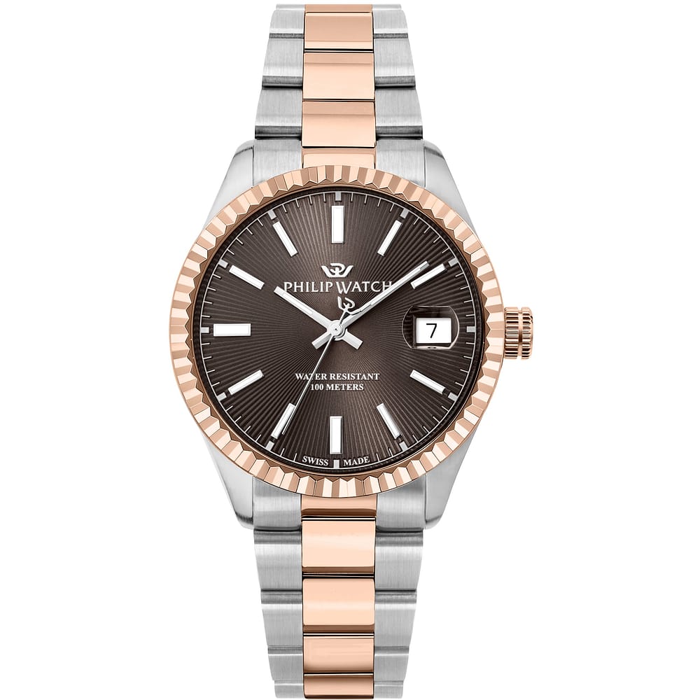 Philip Watch Caribe Urban R8253597124, vista frontale del quadrante marrone e bracciale bicolore rose gold