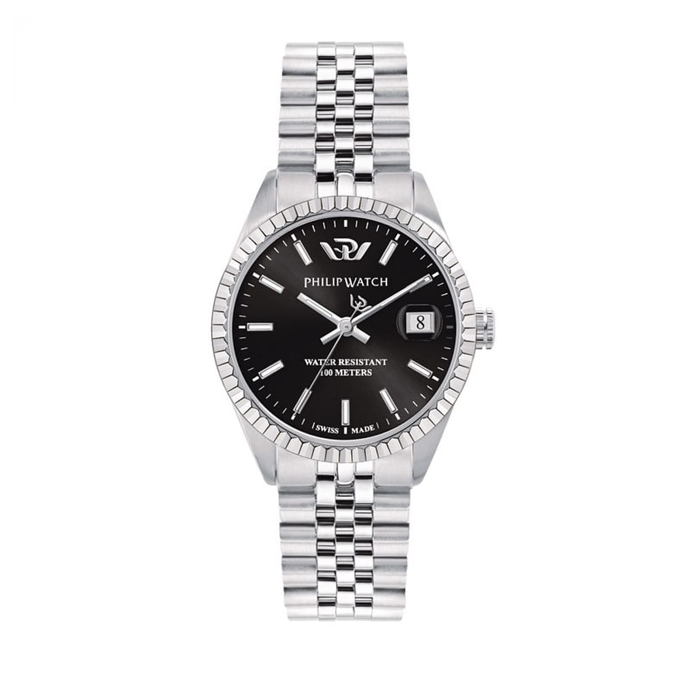 Philip Watch Caribe R8253597586 da donna, quadrante nero con datario e bracciale in acciaio, vista frontale