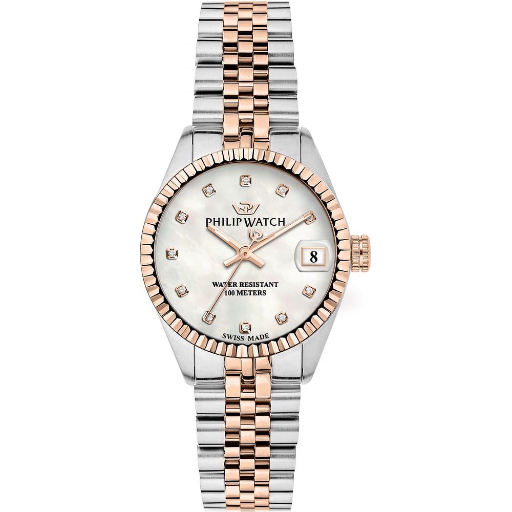 Philip Watch Caribe Urban R8253597596 donna, quadrante madreperla con diamanti e bracciale bicolore rose gold, vista frontale