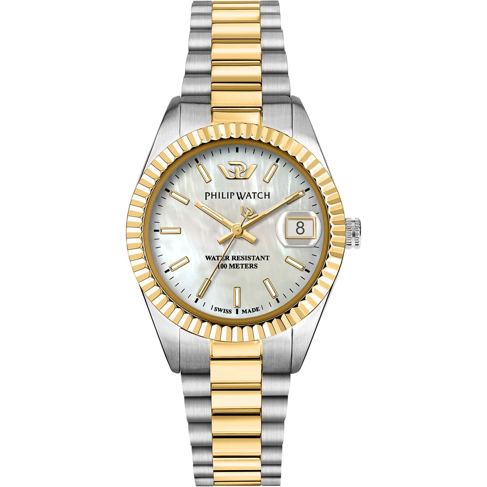Philip Watch Caribe Urban R8253597669 donna, quadrante madreperla, lunetta oro e bracciale bicolore, vista frontale